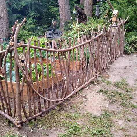 Fun & whimsical garden fence made from reclaimed western red cedar limbs and branches. Garden Fence Branches, Garden Arch From Branches, Fence Out Of Branches, Fence Made From Branches, How To Make Twig Fencing, Branch Fence Diy, Home And Garden Design Ideas, Branch Fence Ideas, Whimsical Garden Fence