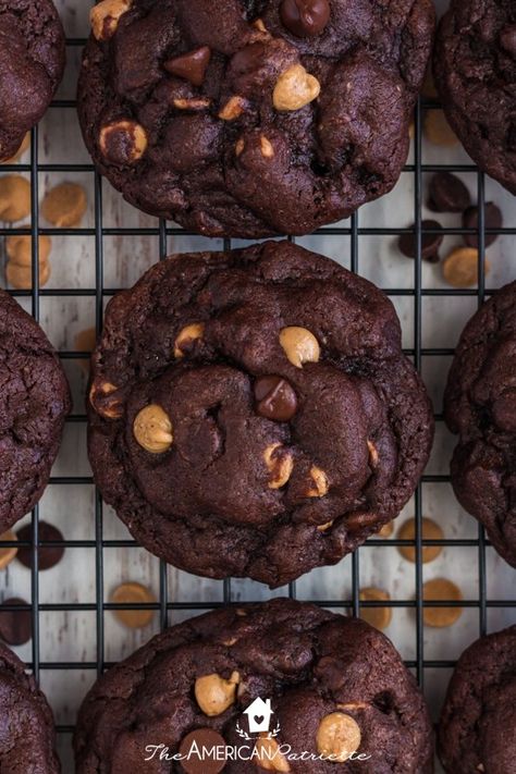 The BEST Chocolate Cookies with Reese's Peanut Butter Chips Double Chocolate Chip Peanut Butter Cookie Recipe, Chocolate Cookie Peanut Butter Chips, Chocolate Reese’s Pieces Cookies, Chocolate Cookie With Peanut Butter Chip, Chocolate Reeses Pieces Cookie, Peanut Butter Chocolate Chip Recipes, Chocolate Cookies Peanut Butter Chips, Reeses Chips Cookies, Reese’s Peanut Butter Chocolate Cookies