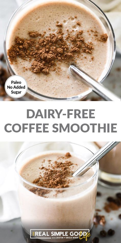 This dairy-free coffee smoothie is great for a morning on-the-go. Get a little punch from the coffee, good fats from the coconut milk and protein from the almond butter. | realsimplegood.com #paleo #smoothie #dairyfree #breakfast Coconut Milk Coffee, Dairy Free Coffee, Dairy Free Smoothies, Coffee Smoothie, Coffee Benefits, Eat Fat, Salty Snacks, Free Coffee, Breakfast Smoothies