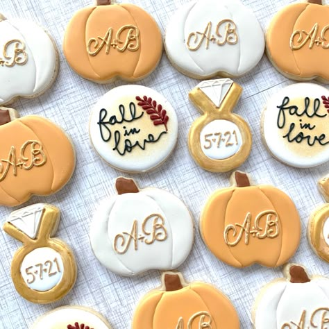 Fall Engagement Party Cookies, Falling In Love Wedding Shower Ideas, Pumpkin Engagement Party, Fall Themed Couples Shower Ideas, Fall In Love Cookies Decorated, Backyard Fall Engagement Party, Fall Engagement Party Ideas Decorations, Engagement Party Fall Theme, Fall Engagement Party Themes