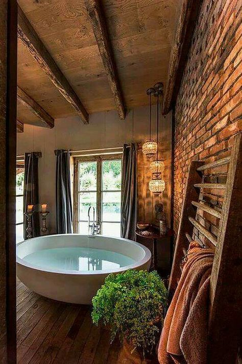 Ohhh myyy, I would never leave.....                                                                                                                                                                                 More Lodge Style Home, Dekorere Bad, Luxury Bathtub, Rustic Basement, Interior Boho, Bilik Mandi, Exposed Brick Walls, Gorgeous Bathroom, Rustic Bathrooms