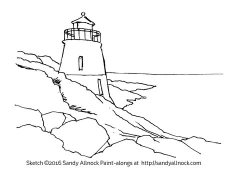 Paint along lighthouse Lighthouse Paintings, Lighthouse Sketch, Lighthouse Drawing, House Outline, House Simple, Lighthouse Painting, Puzzle Crafts, Deck Ideas, Light House