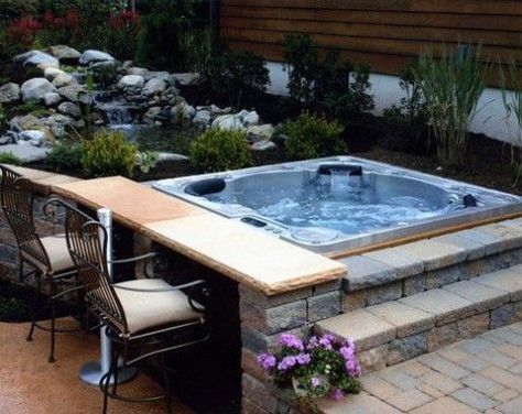 Accommodating a Jacuzzi as the ultimate means of relaxation in your backyard is something people usually seek. Many might prefer gardens or pergolas to fill their small space or backyard, but for people who find comfort and relaxation in water, it’s the classical Jacuzzi that comes to mind. Pools on the other hand require a large area forRead more Whirlpool Deck, Ideas De Piscina, Hot Tub Landscaping, Portable Pools, Hot Tub Patio, Hot Tub Designs, Outdoor Hot Tub, Relaxing Backyard, Hot Tub Deck