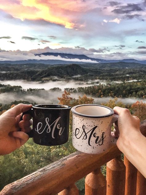 Our Smoky Mountain Honeymoon, East Coast Road Trip, Road Trip Honeymoon, Mr and Mrs Coffee Mugs, Gatlinburg, Tennessee, Cabin Honeymoon | by Megan Goggins Photography Mountain Honeymoon, Gatlinburg Tennessee Cabins, Tennessee Cabins, East Coast Road Trip, Dream Honeymoon, Gatlinburg Tennessee, Smoky Mountain, Honeymoon Destinations, Gatlinburg