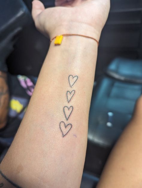 Family Member Heart Tattoos, Hearts From Family Tattoo, Hand Drawn Tattoos By Family, Line Of Hearts Tattoo, 4 Heart Tattoo, Four Hearts Tattoo, Drawn Heart Tattoo, 4 Hearts Tattoo, Family Heart Tattoos