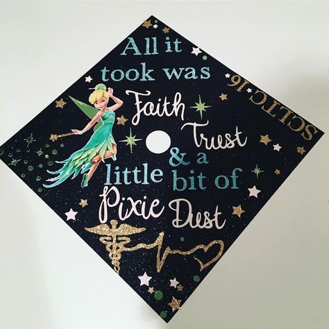 Tinkerbell nursing Grad Cap design // follow us @motivation2study for daily inspiration Graduation Tips, Senior Caps, Grad Cap Design, Disney Graduation Cap, Caps Ideas, Creative Graduation Caps, Graduation Cap Ideas, Disney Graduation, Senior Crowns