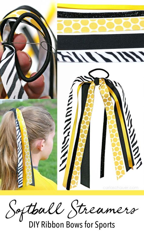 Soccer Hair Ribbons, Hair Ribbons Diy, Softball Tshirts, Soccer Hair Bows, Sports Hair Bows, Hairbow Ideas, Easy Hair Bows, Softball Hair Bows, Hair Streamer