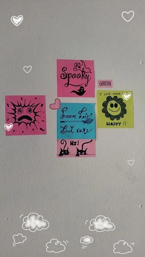 Sticky notes abstract idea Cute Sticky Notes Quotes, Sticky Notes Ideas Wall, Sticky Notes Ideas Wall Bedroom, Sticky Notes Wall Decor, Sticky Note Decor, Sticky Notes Aesthetic, Sticky Notes Quotes, Cat Pattern Wallpaper, School Doodles