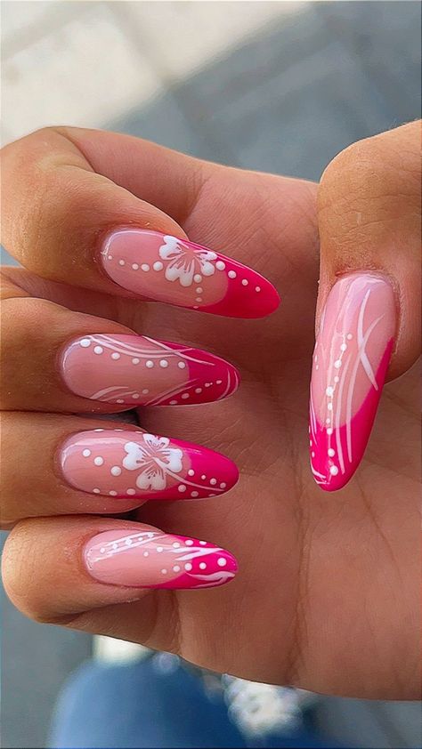 Hawaiian Flower Nails, Aloha Nails, Hawaiian Nails, Almond Nails Pink, Tropical Nail Designs, Hawaii Nails, Pink Flower Nails, Cruise Nails, Nails Yellow