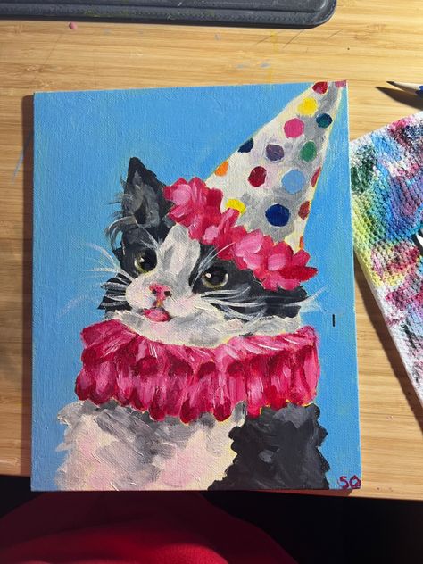 Vintage Clown Painting, Clown Cat Painting, Paintings Based On Songs, Cat Drawing Canvas, Cute Clown Painting, Whimsical Cat Painting, Silly Cat Painting, Mini Cat Painting, Cat Portraits Painting Acrylics