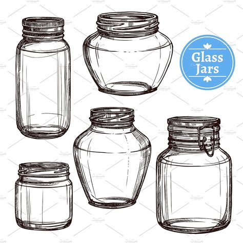 Hand drawn glass jars set #Ad , #AD, #glass#jars#set#Hand Jar Drawing, Bottle Drawing, Coffee Jars, Jar Art, Object Drawing, Food Drawing, Tattoo Flash, Mason Jar Mug, Drawing Tips