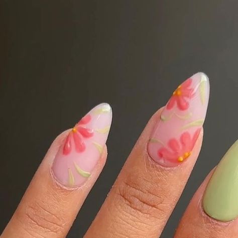 pearlie pressed | diy nail art | gel x on Instagram: "luscious floral nails 🌷☁️ - here’s a cute nail inspo if you love your flower nails!  i will never be over floral nails! what about you?  painted using @buriburinails “summer 6 colors sold cream nail polish set” the gels are so smooth and easy to use, i quite enjoyed it 😌  #flowernails #flowernailart #flowernail #flowernaildesign #floralnails #floralnailart #flowernailsart #greennails #pinknails" Pink Floral Nail Art, Simple Floral Nails, Cream Nail Polish, Cream Nail, Nail Art Gel, Flower Nail Designs, Cute Nail, Cream Nails, Nail Polish Set