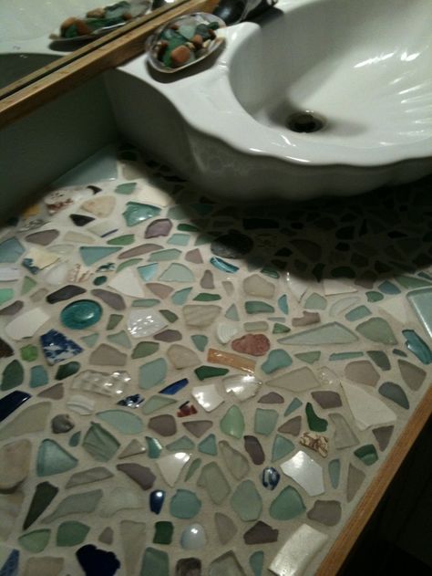 sea glass mosaic countertop - or use broken tiles in the ... | Sea gl ... Tiled Countertop Bathroom, Treasure Beach, Sea Glass Mosaic, Glass Countertops, Glass Sink, Tile Countertops, Bathroom Counter, Sea Glass Crafts, Bathroom Countertops