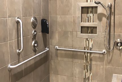 Shower Grab Bar Placement Guide (Residential) - GrabBars.com Shower Grab Bar Placement, Remove Bathtub, Accessible Bathroom Design, Shower Grab Bar, Shower Tub Combination, Grab Bars In Bathroom, Accessible Bathroom, Shower Seat, Bathroom Safety