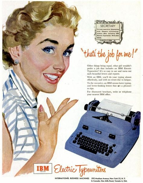 In the '50s, secretaries and bosses agreed that IBM electric typewriters rocked the business scene - #vintage #typewriters #typewriter #IBM #fifties #50s #officemachines #typing #typists #secretaries #vintagetypewriters #clickamericana Retro Suburbia, Women Office Decor, Secretary Style, Electric Typewriter, Vintage Secretary, Cassette Audio, Soft Blonde, Old Advertisements, Hans Wegner