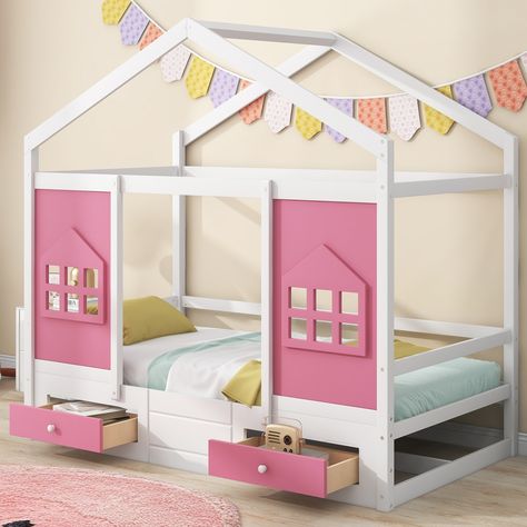 Twin Size Wood House Bed with 2 Drawers and Window Decoration The funny house-shaped design adds charm and character to a your bedroom. Funny House, Free Reign, Bed Wood, Bed Tent, Toddler Beds, Charming House, Wood House, Beds And Headboards, Mesa Exterior