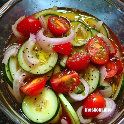 Marinated Cucumbers Onions and Tomatoes | InesKohl Kitchen Marinated Cucumbers Onions And Tomatoes, Cucumbers Onions And Tomatoes, Cucumber Tomato Onion Salad, Ineskohl Kitchen, Cucumber Snacks, Tomato Cucumber Salad, Tomato And Onion Salad, Onions And Tomatoes, Marinated Cucumbers