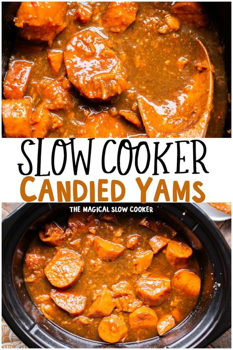 Forget the canned stuff this year! Make these Slow Cooker Candied Yams from scratch. #Crockpot #yams #slowcooker Yams In Crockpot Slow Cooker, Crock Pot Yams Slow Cooker, Yams Crockpot Recipes, Slow Cooker Candied Yams, Crockpot Yams Candied Sweet Potatoes, Crockpot Yams, Crockpot Vegetables, Crockpot Sides, Thanksgiving Salads