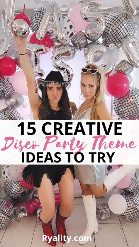 These ideas are so good for a disco ball party, best list of ideas for a disco party theme I've seen 30 Birthday Disco Theme, Disco Theme Party Activities, Womens Theme Party Ideas, Disco Themed Games, Disco Ball Birthday Party Ideas, Teenage Disco Party Ideas, Disco Theme 21st, Disco Dinner Party Table, Disco Boat Party