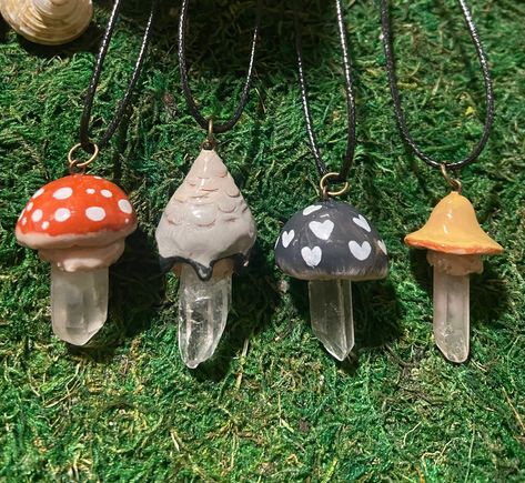 This mushroom pendant features quartz, hand painted with acrylic paints and topped with a resin epoxy for strengthening,  beautifully paired with a black waxed chord. Crystal Mushroom Necklace, Mushroom Clothes, Mushroom Stuff, Mushroom Accessories, Mushroom Gifts, Mushroom Core, Self Gift, Mushroom Crafts, Mushroom Necklace