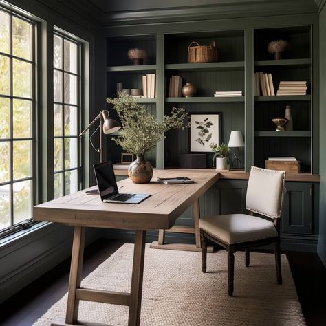 Dark Green Office, Green Home Offices, Office Paint Colors, Green Office, Home Office Inspiration, Office Guest Room, Green Paint Colors, Office Colors, Home Office Setup