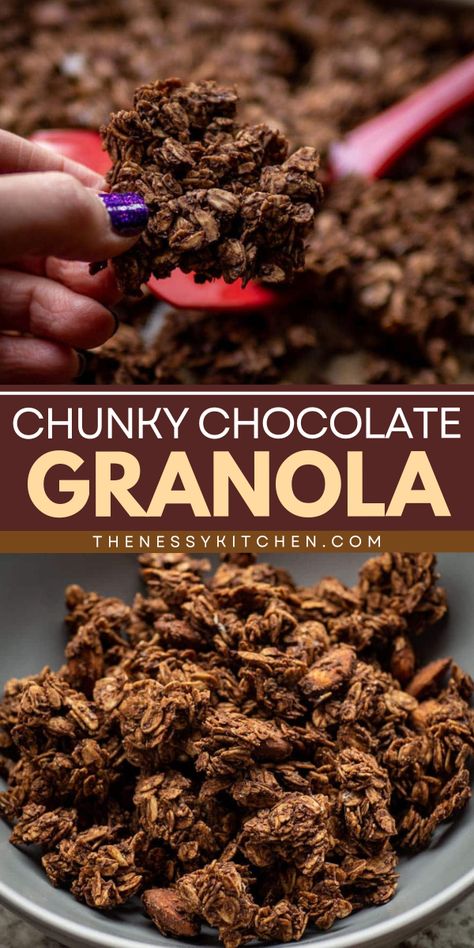 A delicious snack recipe featuring chunky granola! Not only is this homemade chocolate granola tasty and fun to eat, but they are also healthy. You can even enjoy it as a simple breakfast idea! Check out some variations you can try! Homemade Granola Clusters, Healthy Chocolate Granola, Homemade Chocolate Granola, Chunky Granola, Chocolate Granola Recipe, Healthy Homemade Granola Recipe, Granola Snacks, Easy Granola Recipe, Homemade Granola Healthy