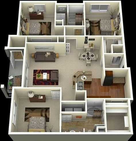 Unique Small House Plans, Three Bedroom House Plan, Pelan Rumah, 3d House Plans, House Plans 3 Bedroom, Apartment Floor Plans, Sims House Plans, House Construction Plan, House Layout Plans