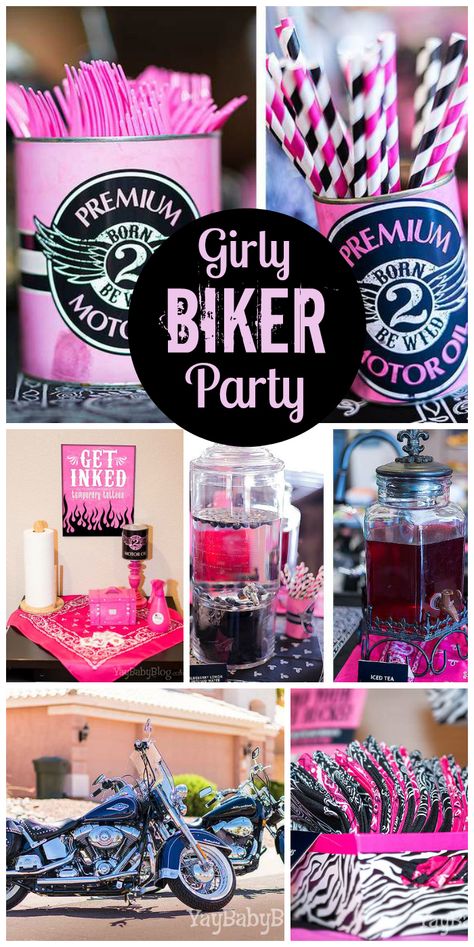 A girly biker bash with a pink, gray, black and white color palette and a temporary tattoo station!  See more party planning ideas at CatchMyParty.com! Girly Biker Party, Biker Party Decorations, Bikers And Babes Party Theme, Motorcycle Bachelorette Party, Biker Bachelorette Party, Biker Baby Shower Ideas, Biker Theme Party, Bad Two The Bone Birthday Party Girl, Harley Davidson Baby Shower