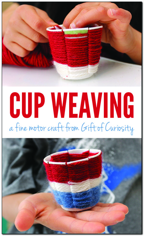 Cup weaving fine motor craft | Kids can make beautiful woven cups with yarn and a bit of patience | #finemotor #artsandcrafts #giftofcuriosity #kidscrafts #campcrafts #weavingcraft Cup Weaving, Kid Friendly Art, Yarn Crafts For Kids, Weaving For Kids, Yarn Basket, Inexpensive Crafts, Kid Friendly Crafts, Basket Crafts, Craft Kids