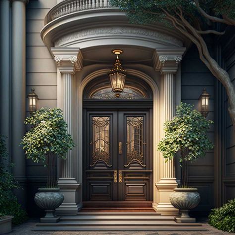 Classic Doors Entrance, Neo Classic Entrance, Double Doors Exterior Entrance, Front Entrance Design, Front Entrance Ideas, Flowers Front Door, Classic Entrance, Entrance Design Ideas, Front Doors Ideas