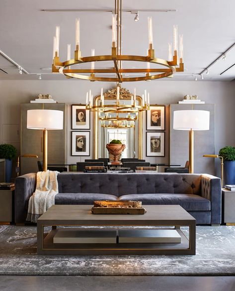 RH, Restoration Hardware Opens Massive, Glittering New Gallery in New York City | Architectural Digest Rh Dining Room, Rh Living Room, Restoration Hardware Dining Room, Restoration Hardware Living Room, Restoration Hardware Dining, Dining Room Inspiration, Livingroom Layout, A Living Room, Restoration Hardware