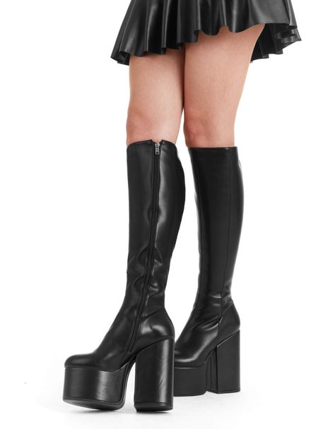 Bratz Boots, Platform Knee High Boots, Platform Creepers, Knee High Platform Boots, Black Platform Boots, Black Platform, Platform Boots, Black Faux Leather, Shoe Brands