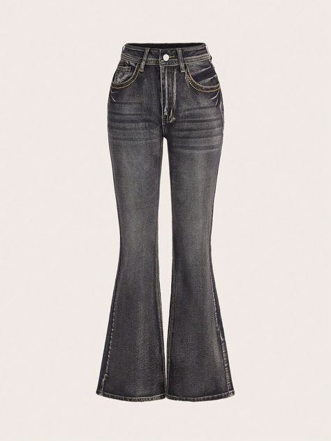 Women's Vintage Washed Slim Fit Flared Jeans With Distressed Details, School Dark Grey    Denim Plain Flare Leg Slight Stretch  Women Clothing, size features are:Bust: ,Length: ,Sleeve Length: High Rise Boot Cut Jeans, 2000s Flare Jeans, Dark Flared Jeans, Grey Flared Jeans, Long Flare Jeans, Simpul Dasi, Jeans Grunge, Vintage Flare Jeans, Grunge Jeans