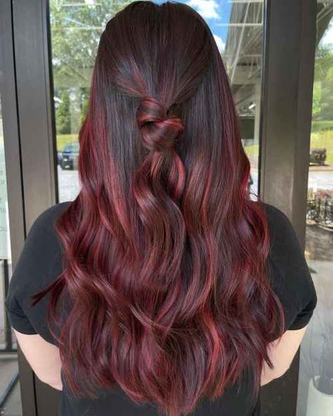 Highlight Red Hair Color, Cherry Coke Red Hair Color Balayage, Coke Red Hair Color, Cherry Ombre Hair, Ruby Wine Hair Color, Ruby Hair Color, Cherry Red Balayage Hair, Coke Red Hair, Red Hair Color Highlights