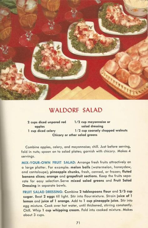 Vintage Recipes - Waldorf salad is named for the... Vintage Recipes 1950s, Apple Salad Dressing, Ambrosia Salad Recipe, Cottagecore Recipes, 1950s Food, Dressing For Fruit Salad, Happy Homemaking, Recipes Salads, Charity Ball