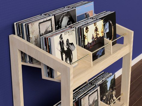 Create the ultimate centerpiece for your vinyl collection with our DIY Plywood Vinyl Record Storage Display Unit. Designed with the music enthusiast in mind, this digital download provides detailed PDF plans for crafting a stunning, functional furniture piece that not only stores but showcases your precious vinyl records. The unit features a two-tiered design, offering ample space with two rows of three bins on the top tier and an additional three bins on the bottom tier, perfectly sized for you Diy Vinyl Record Holder, Diy Record Storage Ideas, Vinyl Shelf Diy, Diy Record Storage, Record Organization, Record Collection Storage, Record Storage Ideas, Vinyl Storage Ideas, Vinyl Album Storage