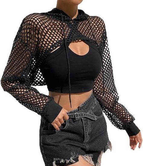 #Commissionsearned - PENINSULA LOVE Women Mesh Fishnet Long Sleeve Pullover Hollow Out Crop Top Hooded See Through Shirt Punk Hip Hop Dance Sexy Rave Clothes Long Sleeve Shirt Y2k, Fishnet Crop Tops, Hooded Crop Top, Crop Top Long Sleeve, Fishnet Top, Crop Top Long, Y2k Aesthetic Outfits, Shirt Y2k, Crop Top Tees