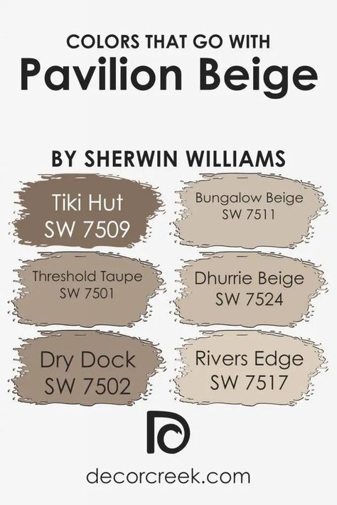 Colors that Go With Pavilion Beige SW 7512 by Sherwin Williams Dhurrie Beige, Bungalow Beige, Beige Paint Colors, Stained Trim, Grey Wall Color, Taupe Paint, Beige Paint, Exterior House Color, Tiki Hut