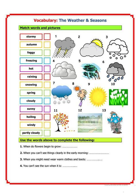 Weather Esl, Teaching Weather, Seasons Lessons, Seasons Worksheets, Weather Worksheets, Weather Vocabulary, Spanish Lessons For Kids, English Teaching Resources, Learning Games For Kids