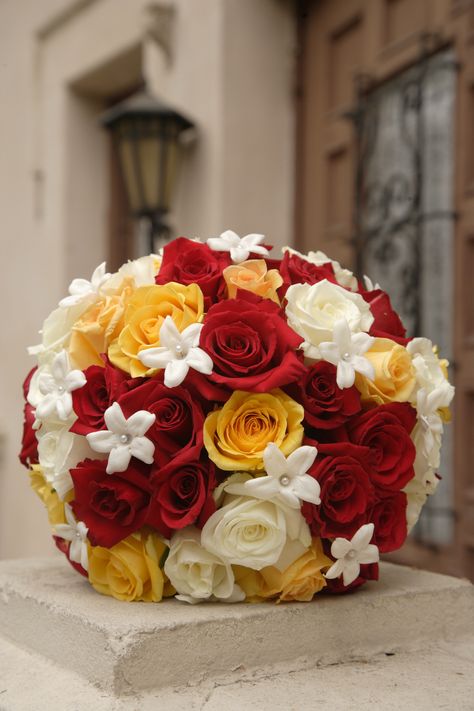 Red, Yellow & White Roses Red Yellow And White Wedding, Yellow Red Wedding, Red Yellow Wedding, Yellow Wedding Bouquets, Red And Yellow Wedding, Yellow Rose Wedding, Yellow Rose Bouquet, Rose Wedding Theme, Preserve Flowers