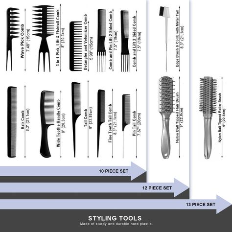 AC053 - 10-Hair Combs by Wig Aisle - WIG AISLE ACCESSORY BUNDLE: contains useful tools for styling your hair and wigs. 10-piece comb set (optional add-on accessories available to choose)..ADDITIONAL INFORMATION:Type: Accessory BundleLength: VariesStyle: AccessorySize: Useful for many hair lengths and texturesAccessory BundleVersatile assorment of combs and brushes for styling both human and synthetic hair.COLOR INFORMATION: Select a desired COLOR and SIZE above before placing your item in the ca Hair Comb Set, Types Of Combs And Their Uses, Hair Tools Aesthetic, Types Of Combs, Types Of Hair Accessories, Combs And Brushes, Styling Your Hair, Health Hair, Hair Brush Set