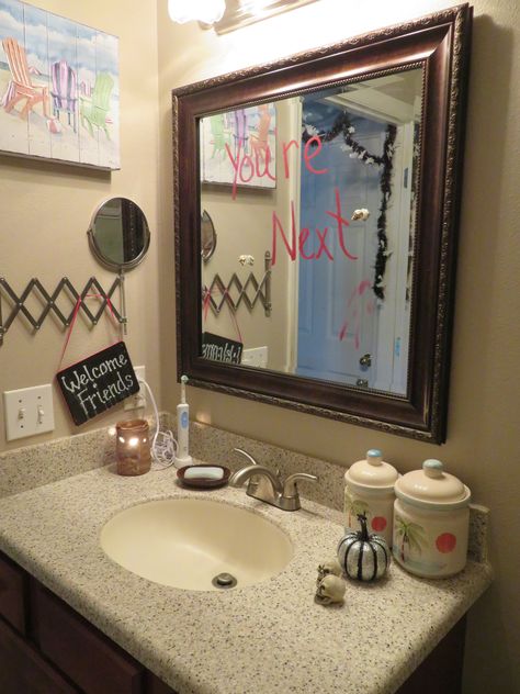 Halloween Bathroom Mirror, Halloween Decor Mirror, Halloween Mirror Writing, College Halloween Party Decorations, Mirror Halloween Decoration, Halloween Decorations Mirror, Halloween Restroom Decor, Halloween Mirror Ideas, Halloween Mirror Decorations