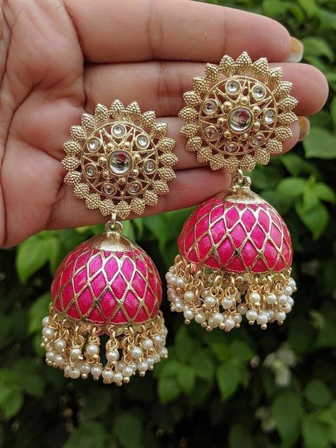 Pink Earrings Indian, Dark Pink Earrings, Meenakari Jhumkas, Celebrity Earrings, Glowing Star, Celebrities Earrings, Jewellery Traditional, Beautiful Personality, Indian Jewelry Earrings