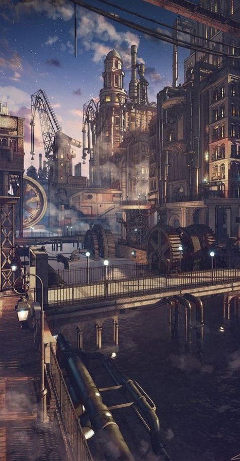 Steampunk Building Concept Art, Dieselpunk Aesthetic, Steampunk Concept Art, Steampunk Setting, Steampunk Building, Dieselpunk Art, Steampunk World, Game Art Environment, Steampunk City