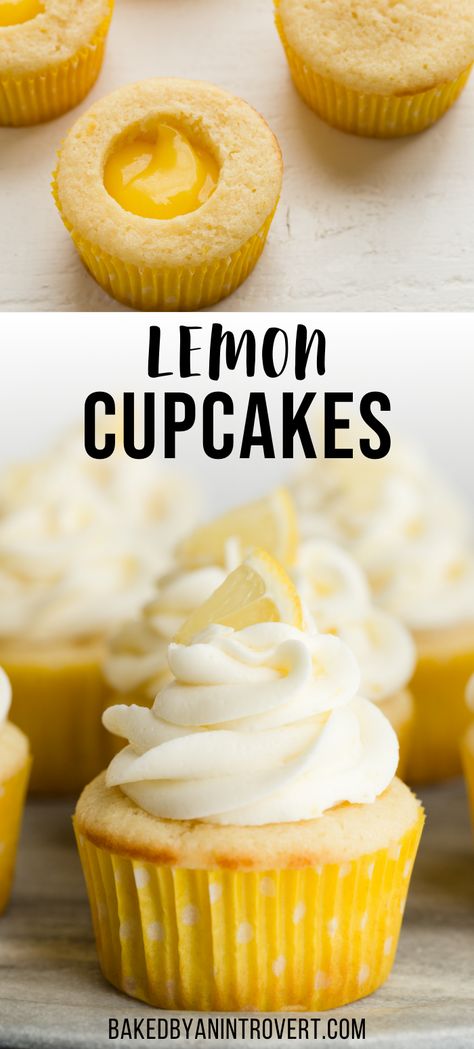 Two images with the top being a lemon cupcake filled with lemon curd and the bottom image focusing on a single lemon cupcake with frosting and a lemon slice on top. Lemon Filled Cupcakes, Lemon Frosting Recipes, Cupcakes Rellenos, Lemon Cupcake Recipe, Lemon Buttercream Frosting, Lemon Cream Cheese Frosting, Lemon Cream Cheese, Lemon Frosting, Cupcakes With Cream Cheese Frosting