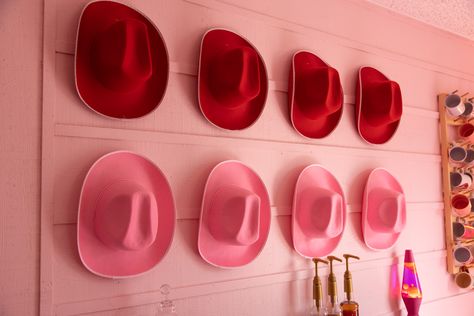 Simple & fun way to brighten up a girl pop space! Barbie girls, country pink girls & barbiecore fans, LFG #pinkhouse #pinkairbnb #pinkart #cowgirlhat #pinkcowgirlhat #pinkwacoaframe #barbie #pinkaesthetic Cowgirl Hat Wall, Red Cowgirl Hat, Pink Cowgirl Hats, Space Barbie, Pink Besties, Cowgirl Decorations, Pink Bachelorette Party, Pink Bachelorette, Girls Trips