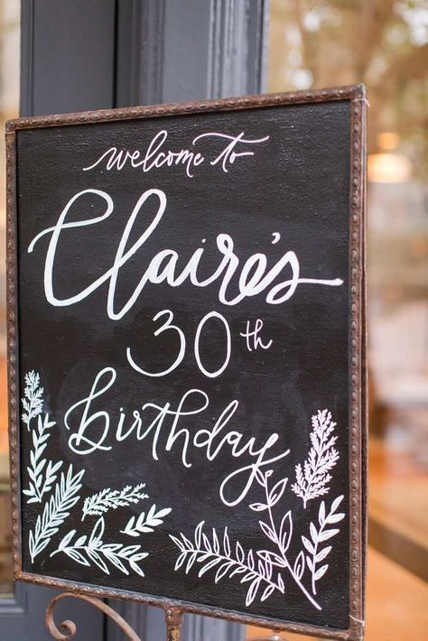 Botanical Inspired 30th Birthday Party | CatchMyParty.com Birthday Party Chalkboard Sign, Random Theme, 30th Birthday Party, Chalkboard Designs, Birthday Chalkboard, Chalkboard Sign, 30th Birthday Parties, Theme Parties, Pink Blossom