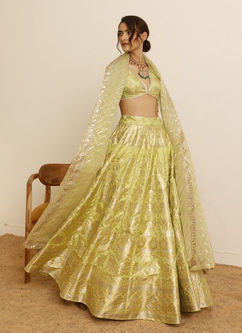 Lime Yellow Banarasi Lehenga - S -  #Banarasi #lehenga #Lime #Yellow Yellow Banarasi Lehenga, Studio Iris, Mehendi Outfit, Low Cut Blouses, Banarasi Lehenga, Lehenga Pattern, Cut Blouse, Yellow Lehenga, Outfit Wedding Guest