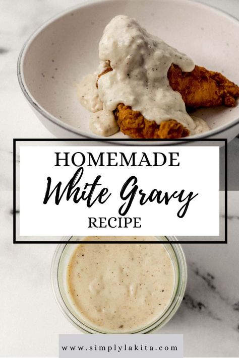 Try making this Homemade White Gravy, which is the perfect addition to so many Southern dishes. It's a simple gravy recipe that only requires five basic ingredients for a thick, creamy, and delicious gravy the whole family is sure to love. simplylakita.com #whitegravy Creamy Gravy Recipe, How To Make Gravy With Flour, Country Style Gravy Recipe, Jalapeño Gravy, Simple Gravy Recipe, Easy White Gravy, Southern Gravy Recipe, Milk Gravy Recipe, White Country Gravy