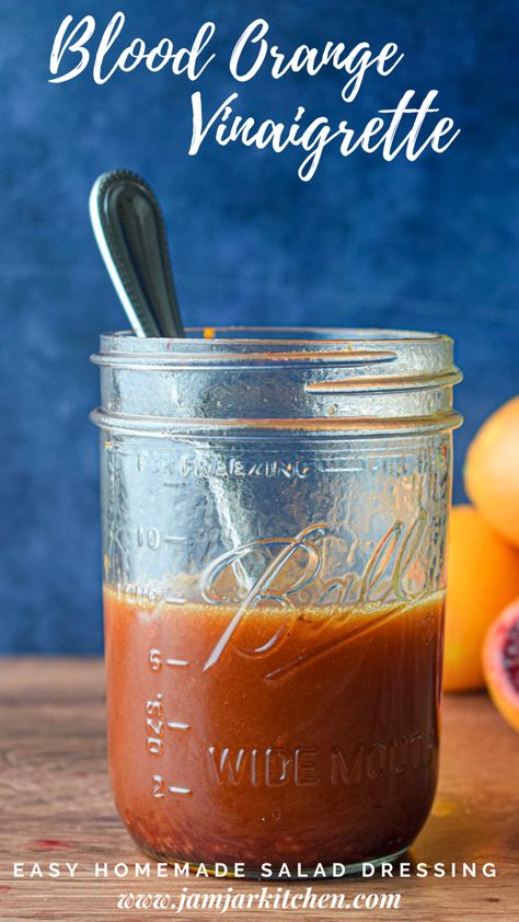 Mason jar filled with blood orange dressing Smoked Salmon Crostini, Orange Vinaigrette Dressing, Basalmic Vinegar, Salmon Crostini, Balsamic Vinegar Recipes, Winter Salads, Vinaigrette Dressing Recipe, Vinegar Salad Dressing, Orange Vinaigrette